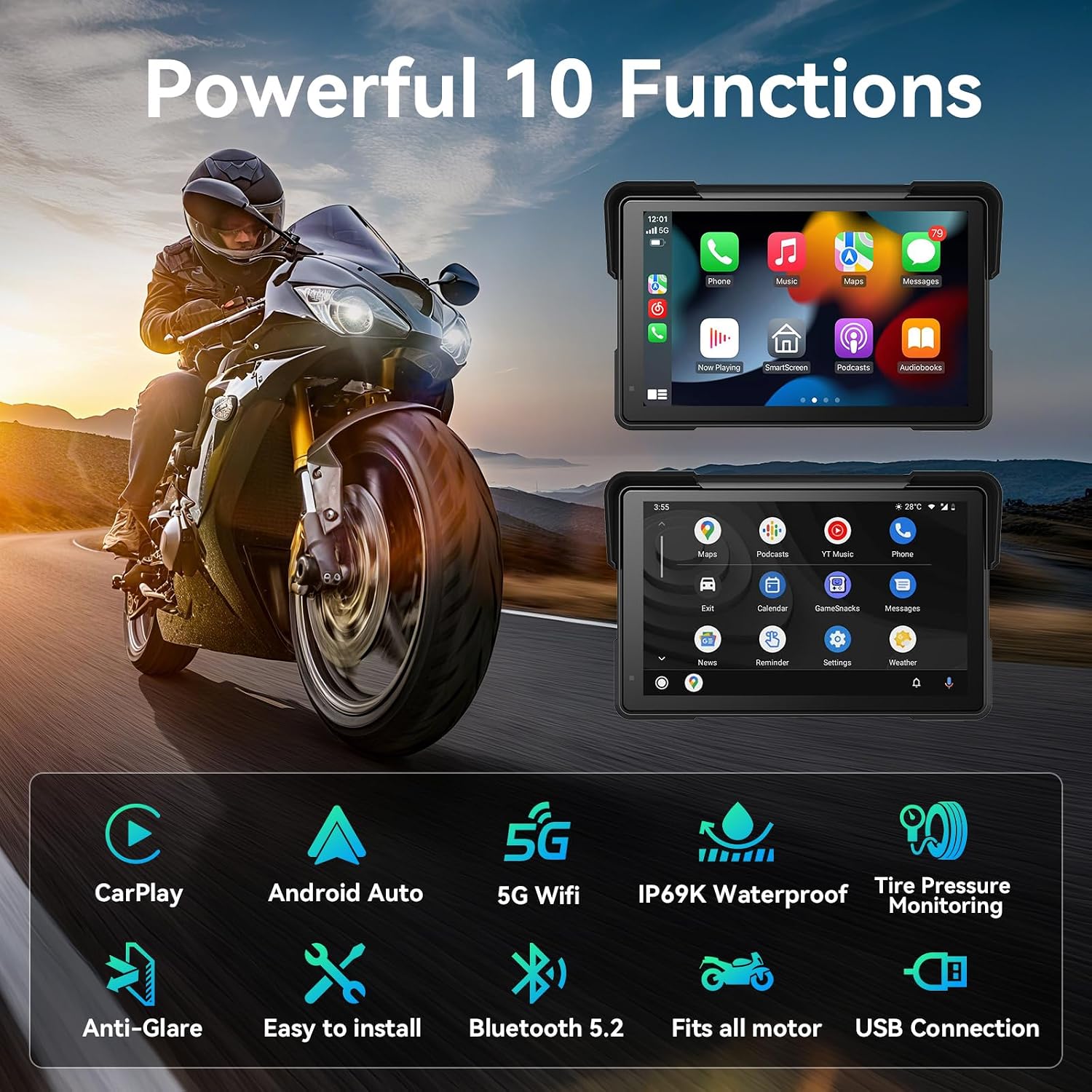 Wireless Motorcycle Apple Carplay,7 Inch Portable Motor GPS Navigation with Apple Carplay & Android Auto,Siri & Google Assistant, Anti-Glare/Bluetooth 5.2/TMPS/Voice Control/ IP69K Waterproof