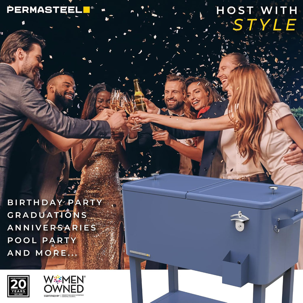 Permasteel Party Cooler with Divider, Removable Basin, Spacious 80-Qt Capacity, Chills 36hrs, Serving Tray, Rolling Ice Chest for Indoor & Outdoor