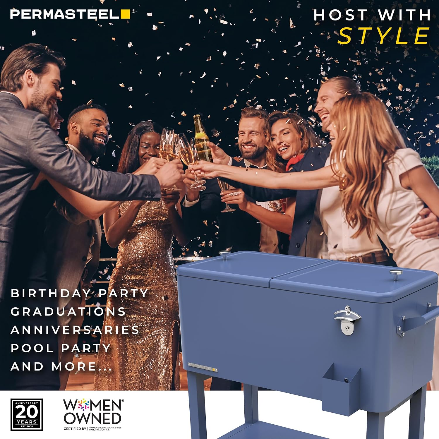 Permasteel Party Cooler with Divider, Removable Basin, Spacious 80-Qt Capacity, Chills 36hrs, Serving Tray, Rolling Ice Chest for Indoor & Outdoor