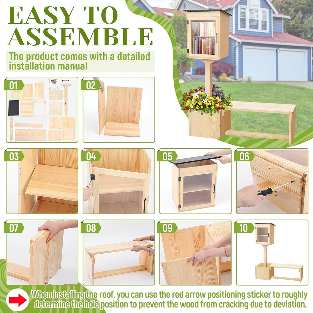 Wonderjune Little Library Box Outdoor with Bench Set, Durable Weatherproof Solid Wood Exchange Box with Floor Plugs and Flower Fence for Neighborhoods, Community, School(Wood)