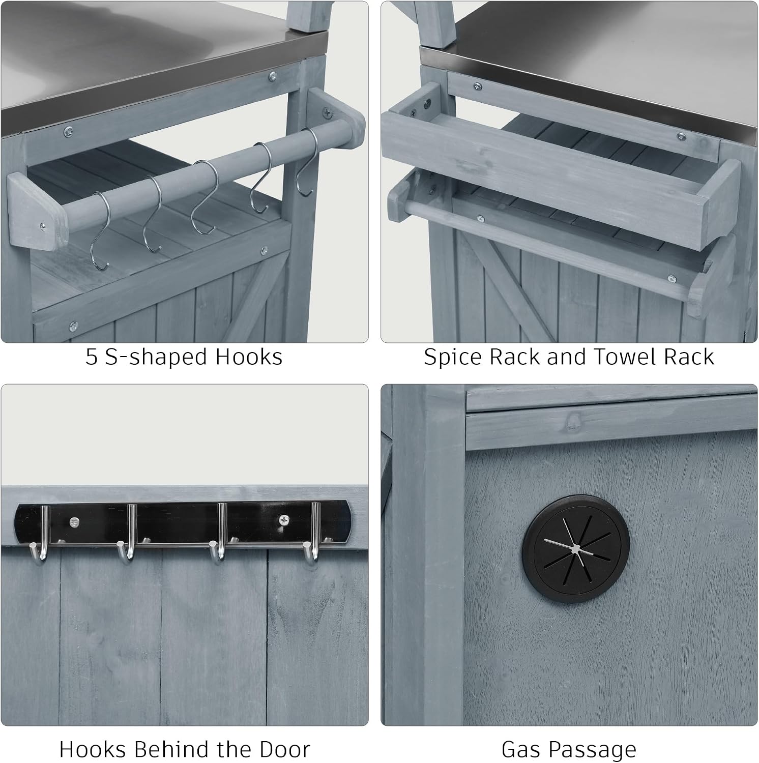 Merax 53.3' Outdoor Kitchen Island with Raised Shelf, Solid Wood Storage Cabinet with Stainless Steel Top, Rolling Grill Cart, Adjustable Shelf, Grey Blue
