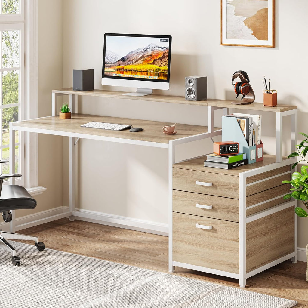 LITTLE TREE 63 Inch Computer Desk with File Drawer Cabinet, Home Office Desks with Ergonomic Monitor Stand