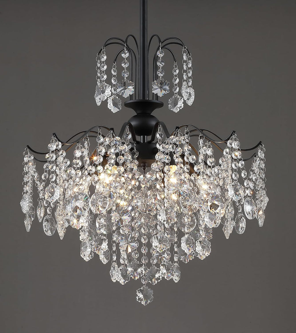 Q&S Crystal Chandelier for Dining Room,Modern Black Crystal Pendant Light,6 Lights for Kitchen Island Entryway Bathroom Office Bar UL Listed
