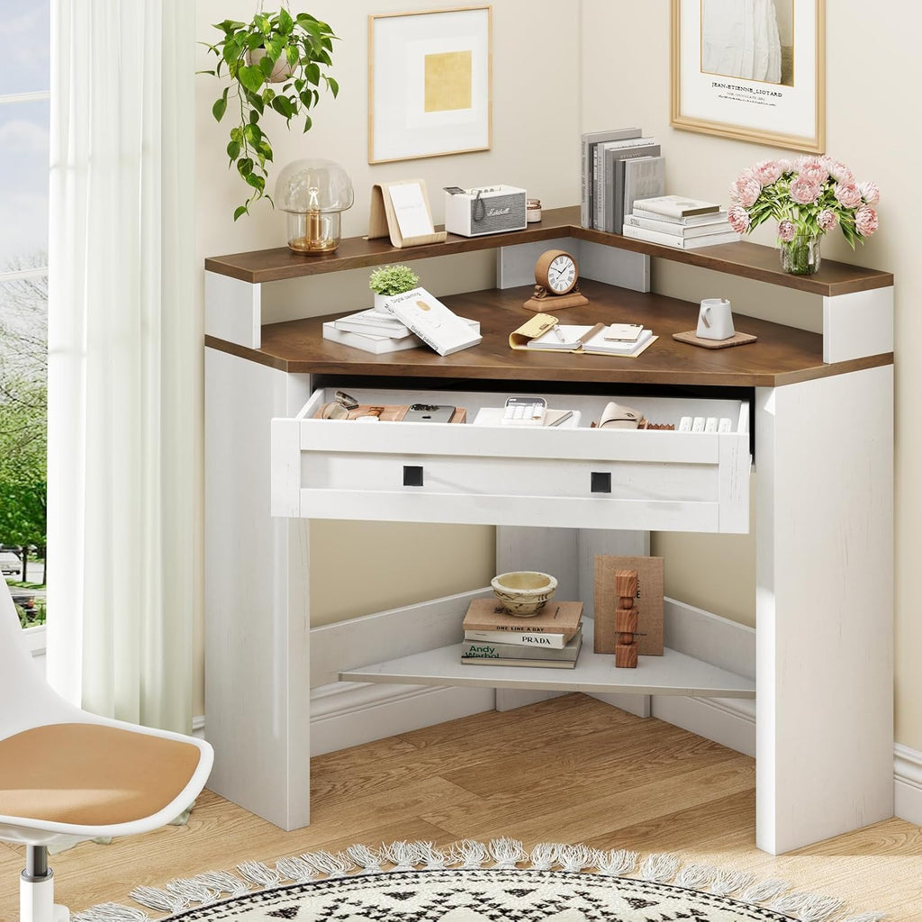 Corner Desk, Triangle Computer Desk Home Office Workstation with Drawer and Monitor Stand for Small Spaces Farmhouse Corner Vanity Table for Bedroom Study, Living Room (Rustic White and Brown)