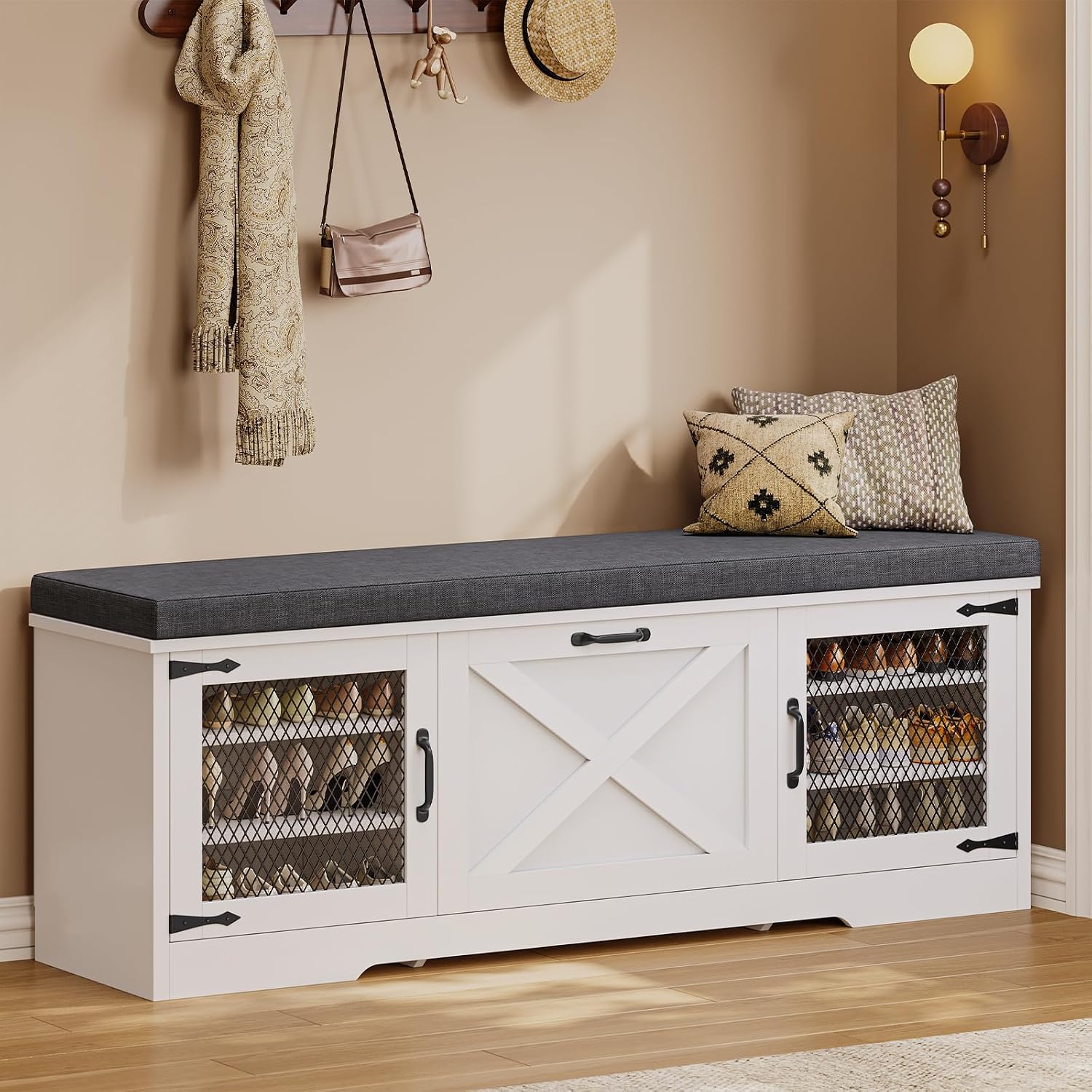 UPOSOJA Farmhouse Storage Bench with Flip Drawers & Padded Seat Cushion, Half Hidden Shoe Rack Organizer, Adjustable Shelf Shoe Cabinet for Entryway, Bedroom, Living Room (White, 57IN)