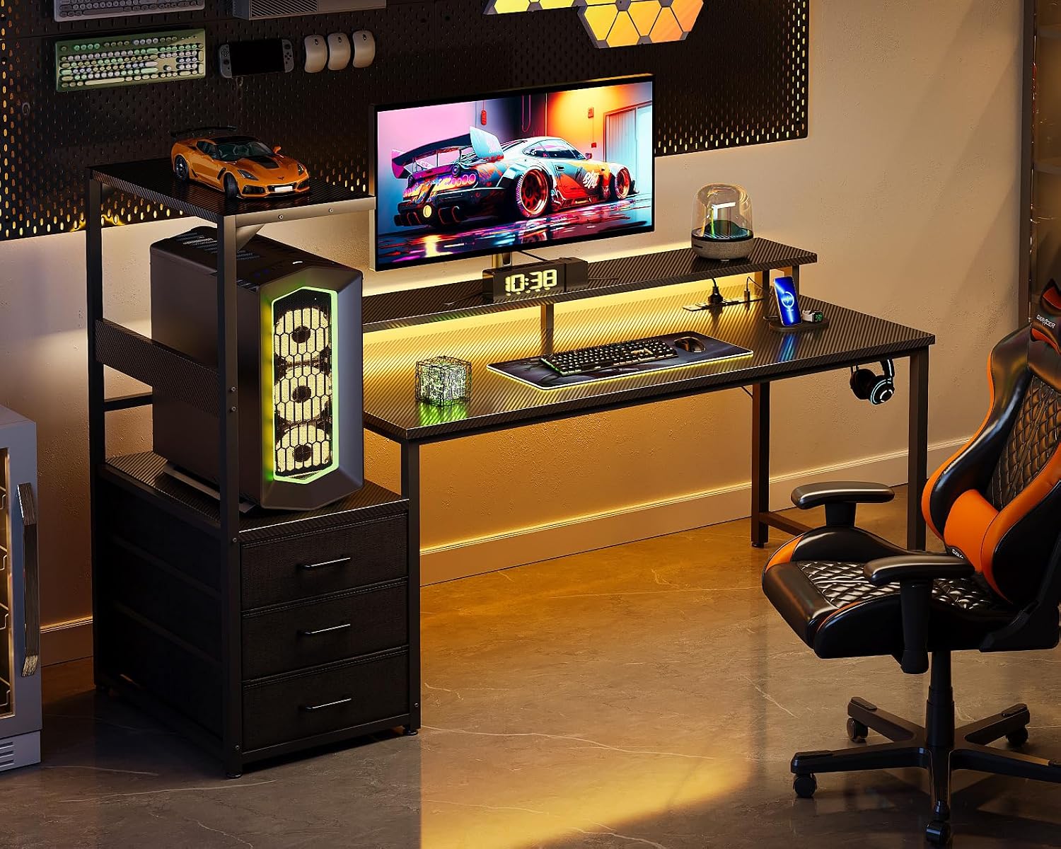 Casaottima 59 Inch Gaming Desk with USB Charging Ports & LED Light - Reversible Computer Desk with 3 Fabric Drawers, Monitor Stand, CPU Stand, Modern Office Desk, Black