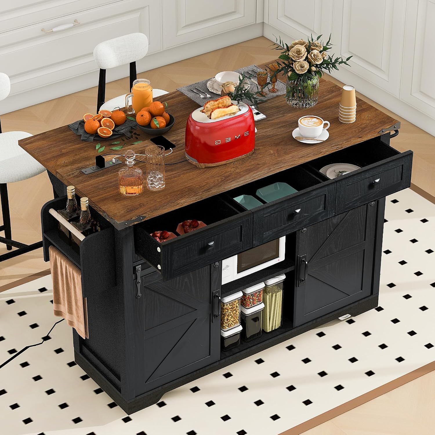 53.7' Farmhouse Kitchen Island with Power Outlet, 2 Sliding Barn Door Kitchen Storage Island with Drop Leaf, Spice Rack Rolling Kitchen Cart on Wheels, for Home, Kitchen and Dining Room, Black