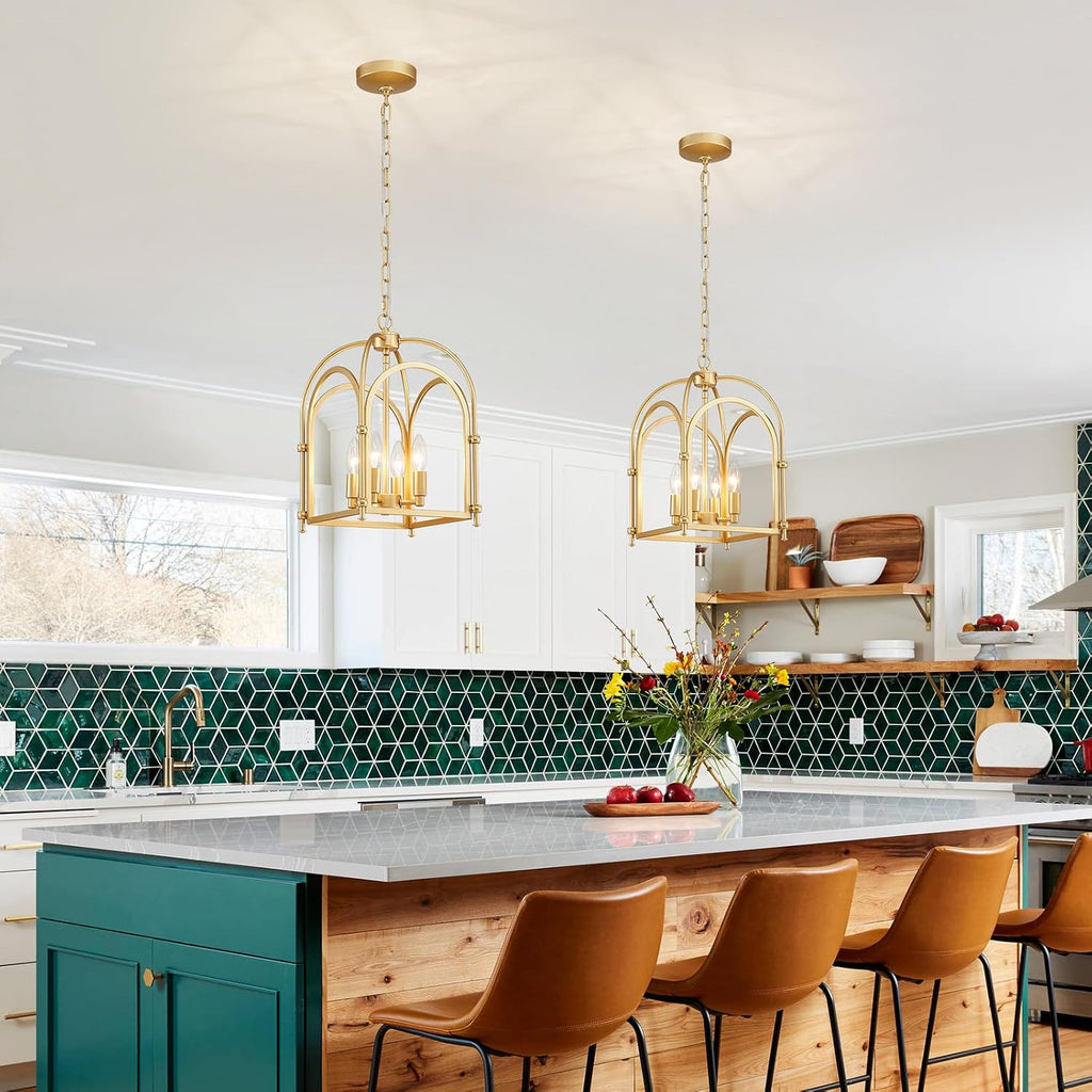 4-Light Gold Chandelier, Modern Farmhouse Lantern Chandelier with Rustic Cage Hanging Pendant Light Fixture for Kitchen Island Bedroom Living Room Entryway Foyer, Dining Room Light Fixtures Over Table