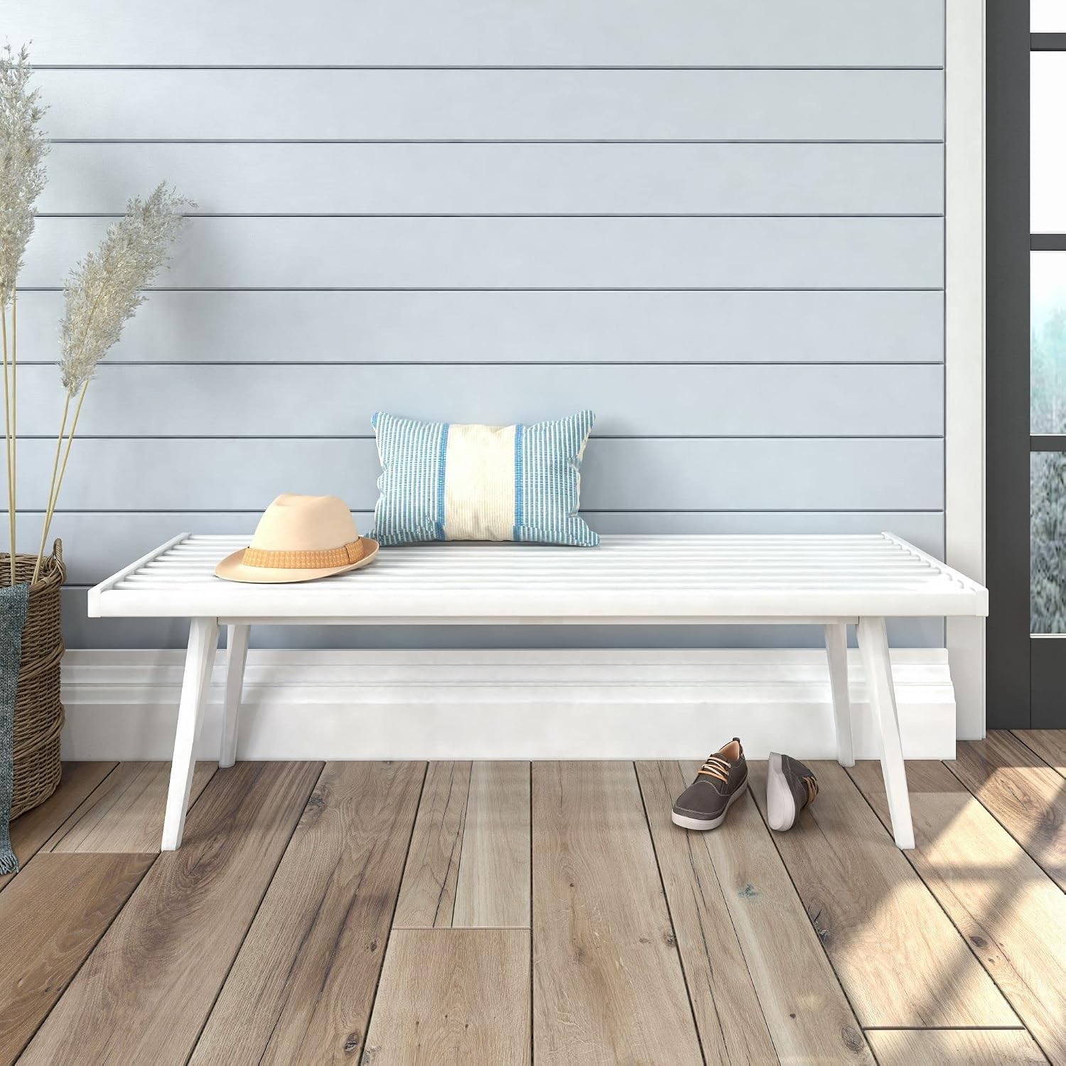 Plank+Beam Entryway Bench, Wooden End of Bed Bench for Bedroom, Mid-Century Modern Square Bench for Hallway, Living Room, Indoor, Porch, 56.25', White