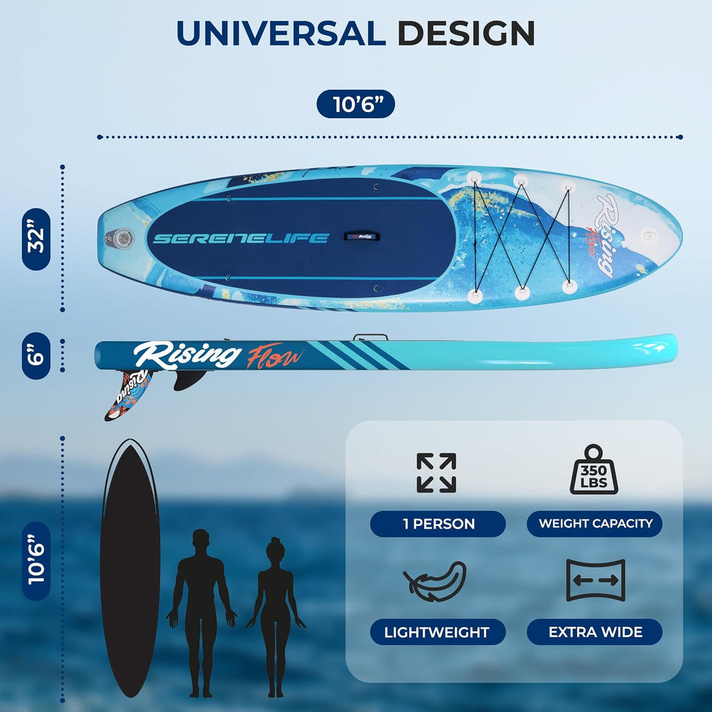 SereneLife Inflatable Stand Up Paddle Board - Wide Stable Design, Non-Slip Deck for Adults & Youth with Premium Paddle Board Accessories: Carry Bag, Dual Action Pump, Paddle, Ankle Leash - 10'6'