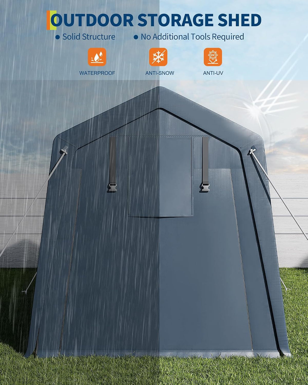 GarveeHome 6x6 FT Portable Outdoor Storage Shed with Roll-Up Zipper Door & Vent, 240G Heavy-Duty Shelter Waterproof PE Tarp, UV-Resistant Carport for Motorcycle, Firewood, Tools -Gray (Gray, 6x8)