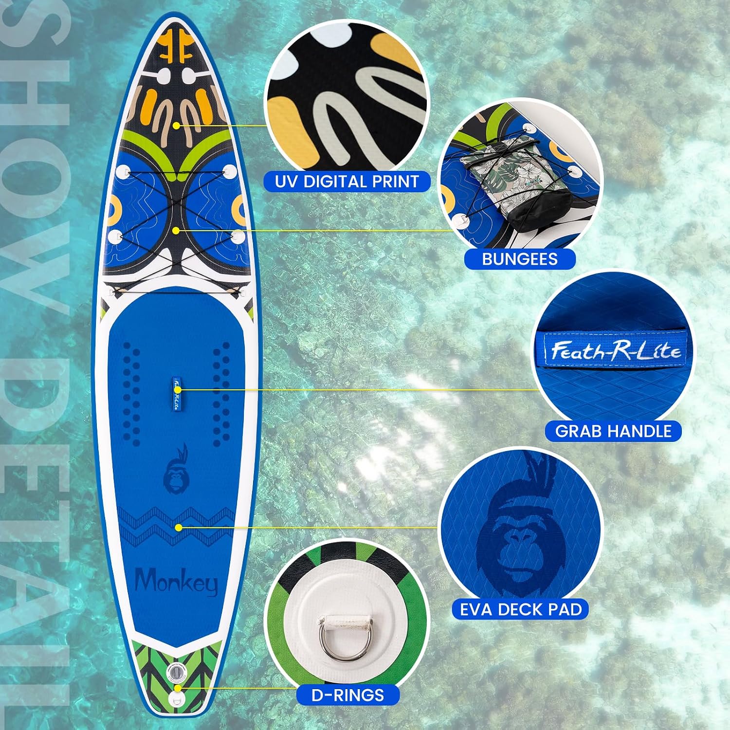 FEATH-R-LITE Inflatable Paddle Board Stand Up Paddleboards for Adults SUP with Premium Accessories Pump, Adjustable Paddle, Leash, Three Fins, Backpack