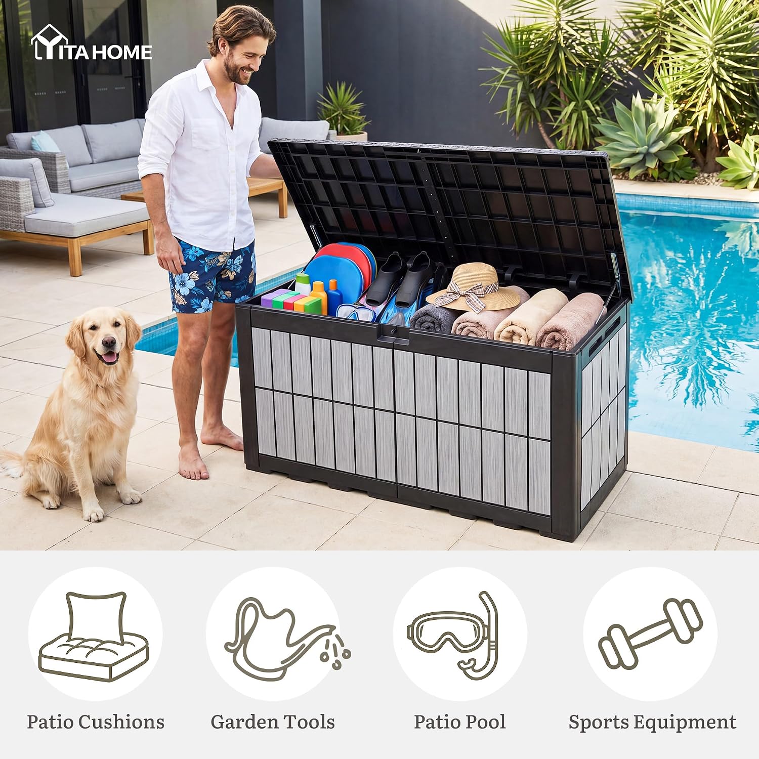 YITAHOME 134 Gallon Large Deck Box, Waterproof Resin Outdoor Storage Box with Lock, Doubles as Bench Seating for Patio Furniture Cushions,Garden Tools & Pool Accessories, Black & Wood-Grain Gray