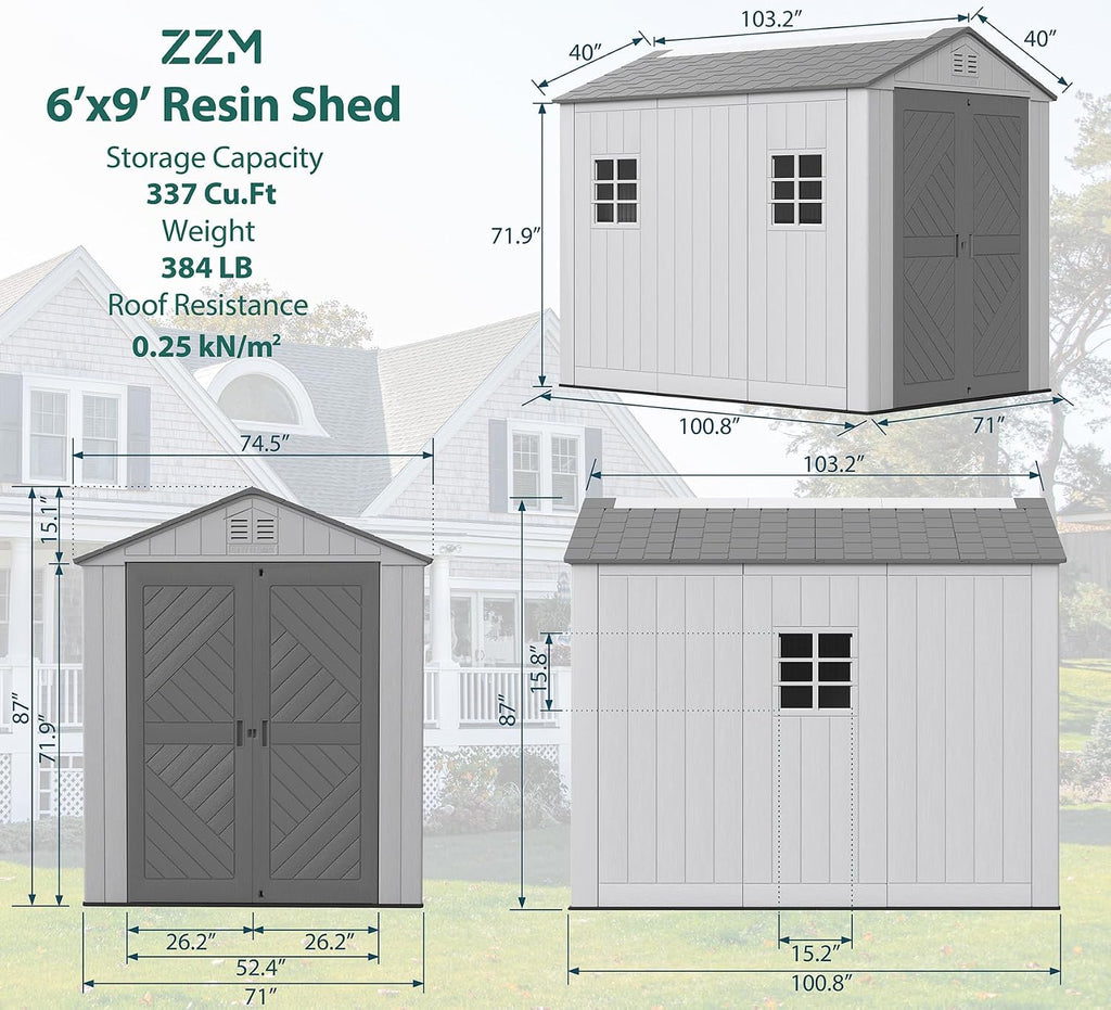 ZZM Outdoor Storage Shed 6x9 Ft, All-Weather Resistant Resin Garden Sheds & Outdoor Storage Clearance with Floor and Windows, Double-Layer Plastic Tool Shed for Backyard, Patio & Lawn (Gray)