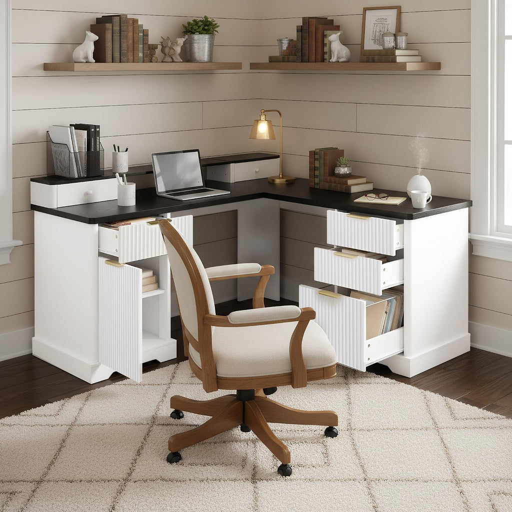 RiteSune L-Shaped Fluted Office Desk with USB Charging Station, Removable Monitor Stand, File Drawer & Adjustable Storage Cabinet, Modern Corner Computer Desk