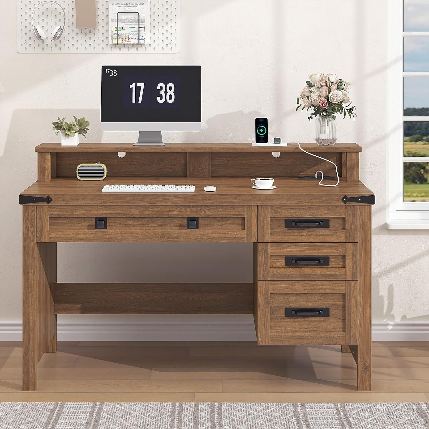 YOMILUVE Farmhouse Executive Desk with Drawers, 47' Computer Desk with Power Outlets, Home Office Desk with Monitor Stand & 4 Drawers, Small Desk Writing Study Table, Brown