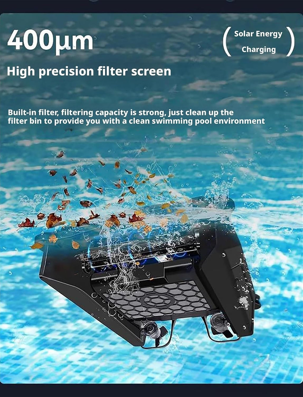 Automatic Cordless Robot Solar Powered Pool Skimmer Cleaner for All Swimming Pool, Dual Charging Options, 2 Speed Modes, Smart Obstacle Avoidance