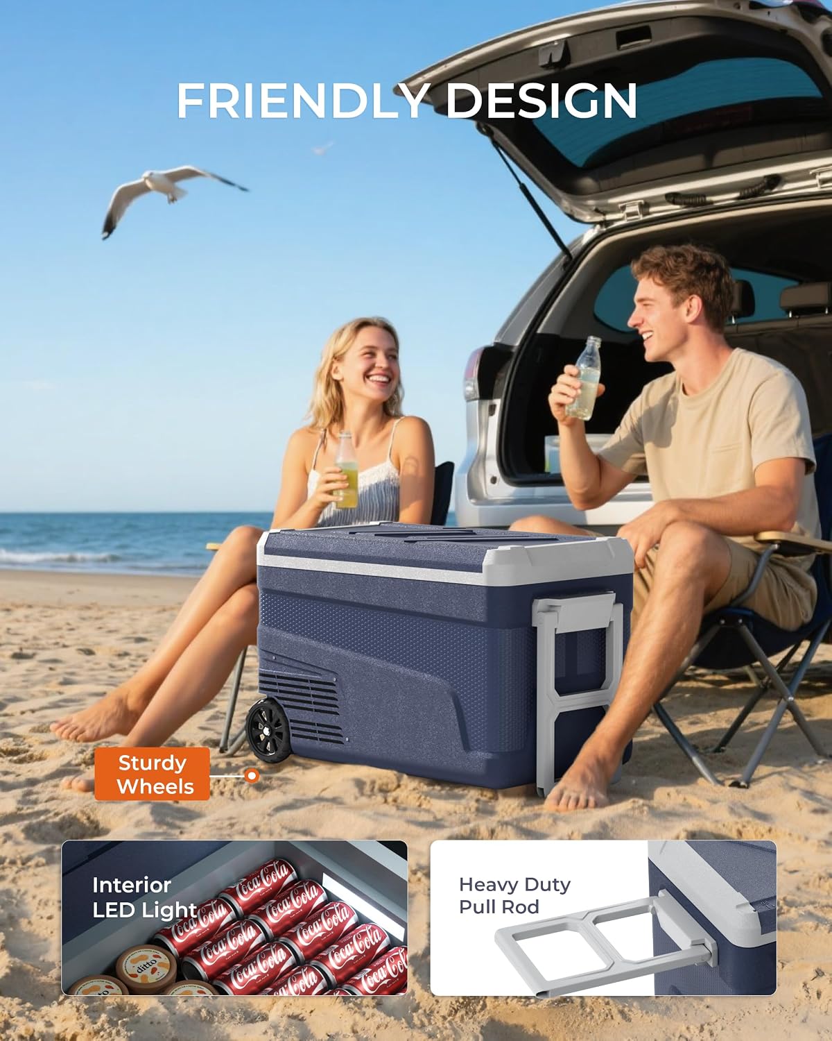 EKOJUCE 12 Volt Refrigerator Portable Fridge Freezer - 48 Quart(45L) Electric Cooler with Wheels, 12/24V DC & 100-240V AC, -4℉-68℉, APP Control, 12V Car Fridge for Camping, Boating, RV, Outdoor, Home