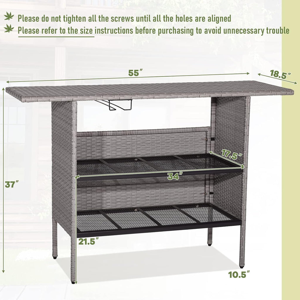 Giantex Outdoor Patio Wicker Bar Table, 2 Storage Shelves, 55''W Tabletop, Rails for Hanging Wine Glasses, Heavy-Duty Metal Frame, Bistro Rattan Bar Counter Table for Poolside Backyard (Mix Gray)