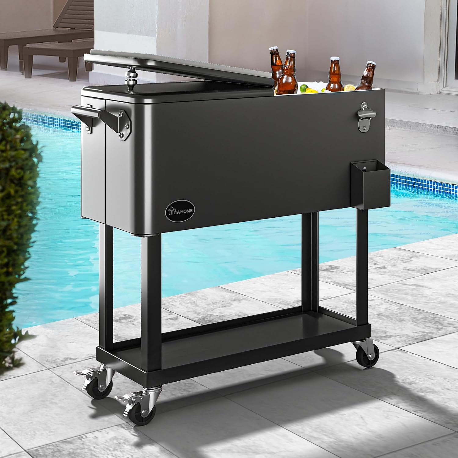 YITAHOME 80 Quart Rolling Cooler Cart with Bottle Opener Drainage, Portable Patio Cooler Rolling on Wheels, Outdoor Rolling Beverage Cart Drink Cooler for Patio Pool Deck Party BBQ Cookouts (Silver)