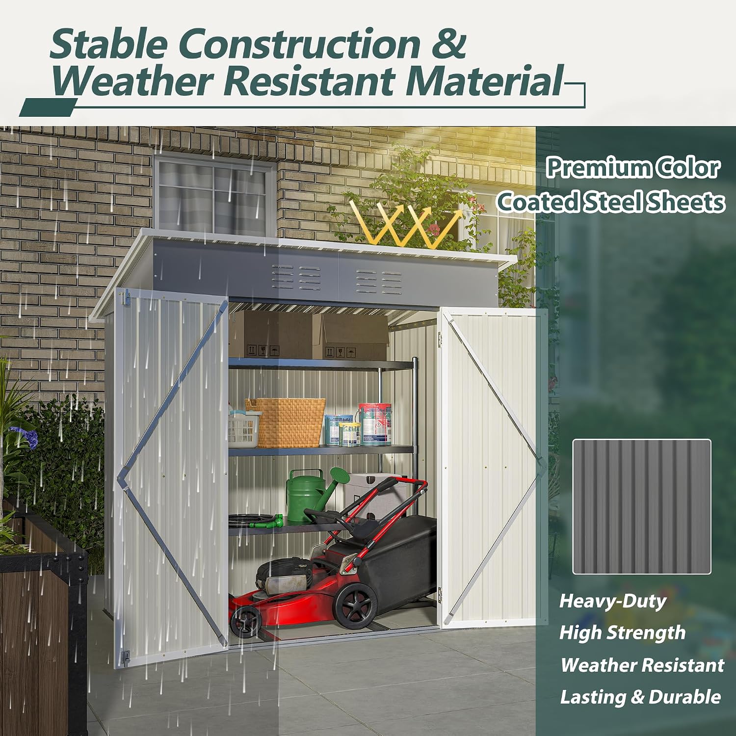 6X4 FT Outdoor Storage Shed, Waterproof Metal Garden Sheds with Lockable Door, Steel Tool Storage Buildings Shed & Outdoor Storage House for Garden, Backyard, Patio, Lawn, Trash Cans(Grey)