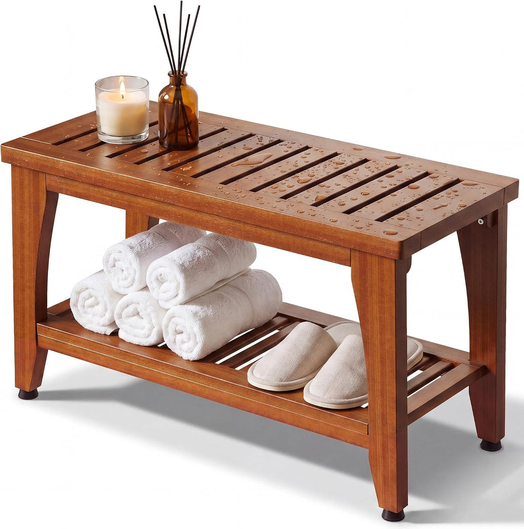 30' Premium Solid Teak Shower Bench with Storage Shelf - 450 lbs Capacity, Waterproof & Non-Slip Seat for Bathroom, Poolside, Spa