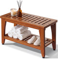 30' Premium Solid Teak Shower Bench with Storage Shelf - 450 lbs Capacity, Waterproof & Non-Slip Seat for Bathroom, Poolside, Spa