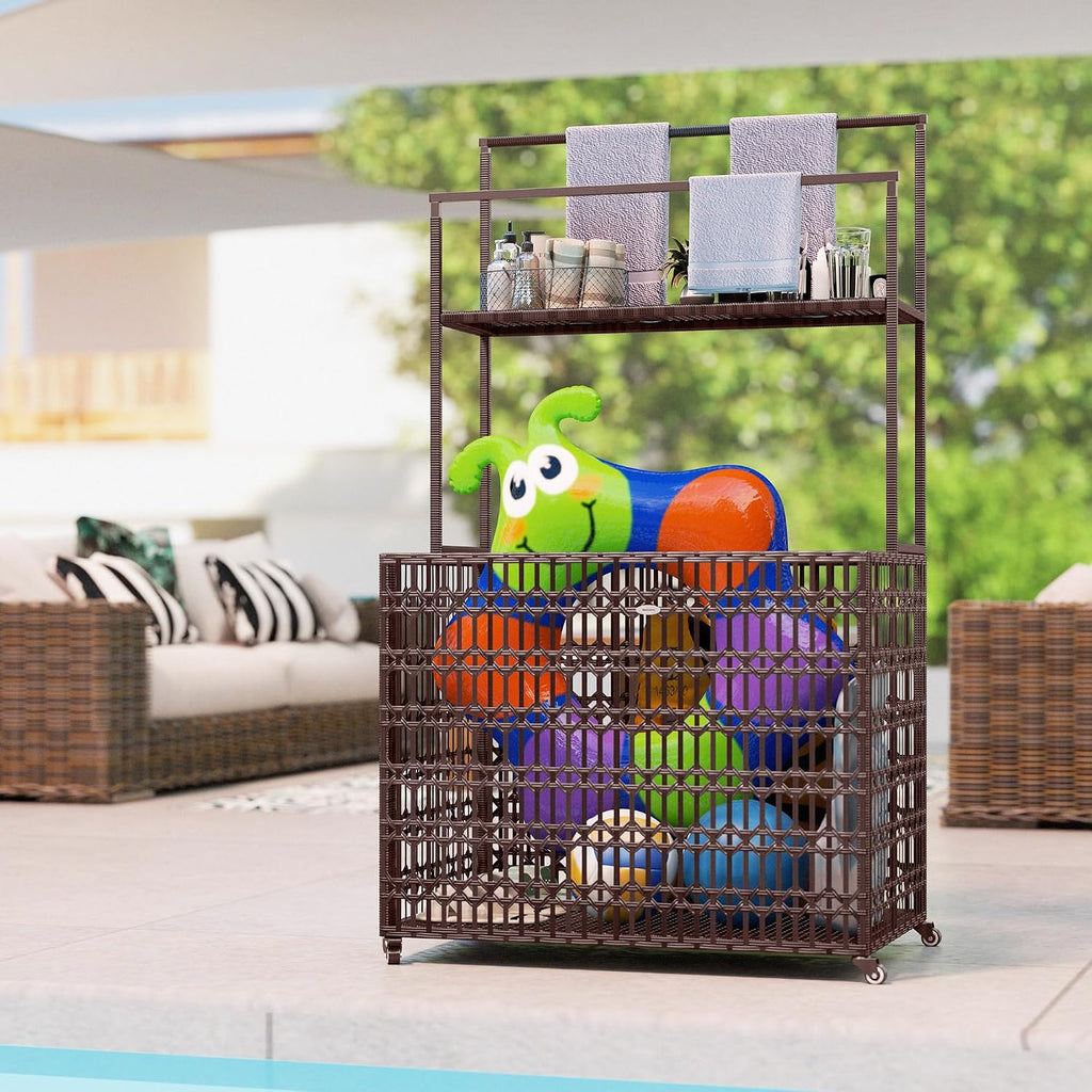Outsunny Wicker Pool Float Storage Organizer, PE Rattan Pool Float Holder with Basket Shelf Towel Bars, Rolling Pool Caddy for Floaties, Noodles, Life Vests, Beach Balls, Mixed-Brown