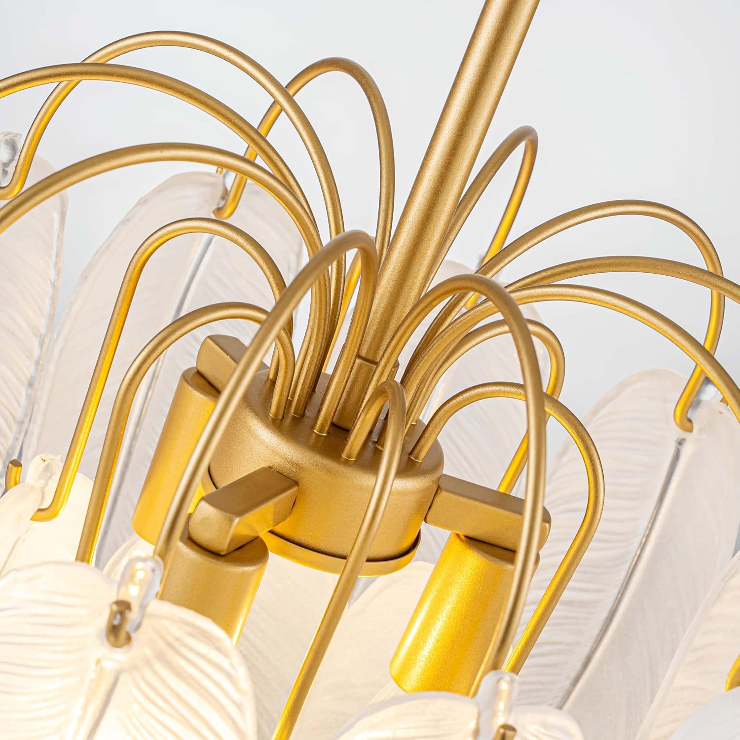 LumFurn D12in Glass Chandeliers, 3-Light Modern Pendant Light Fixture for Kitchen, Dining Room, Living Room, D12x18~47in Adjustable Height, Frosted Glass Feather Shade & Gold Finish Frame