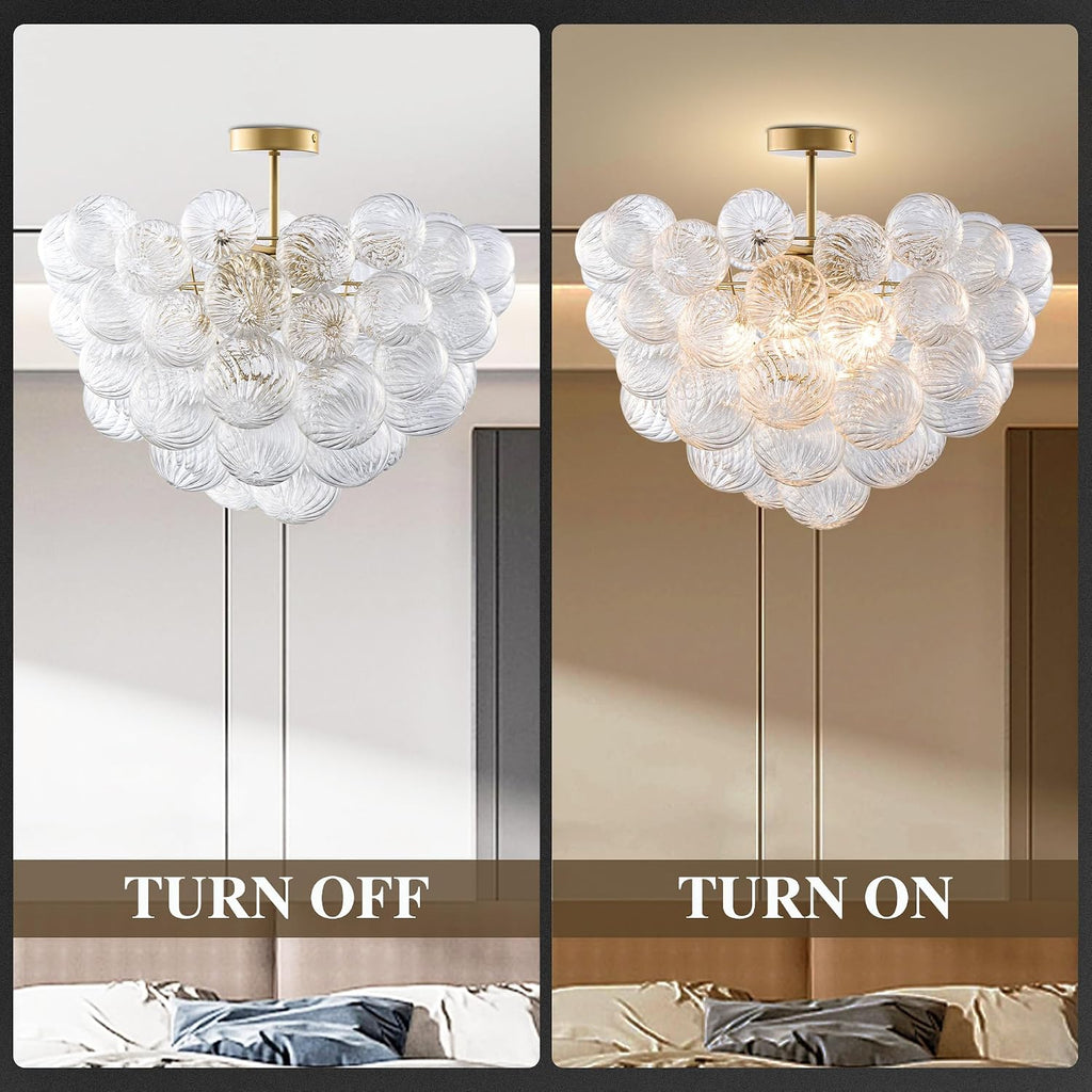 Longree Bubble Ball Semi Flush Ceiling Light Fixtures, Dia 20 inch Gold and Clear Blown Glass Small Swirled Glass Chandelier for Bedroom Study Bathroom Dining Room