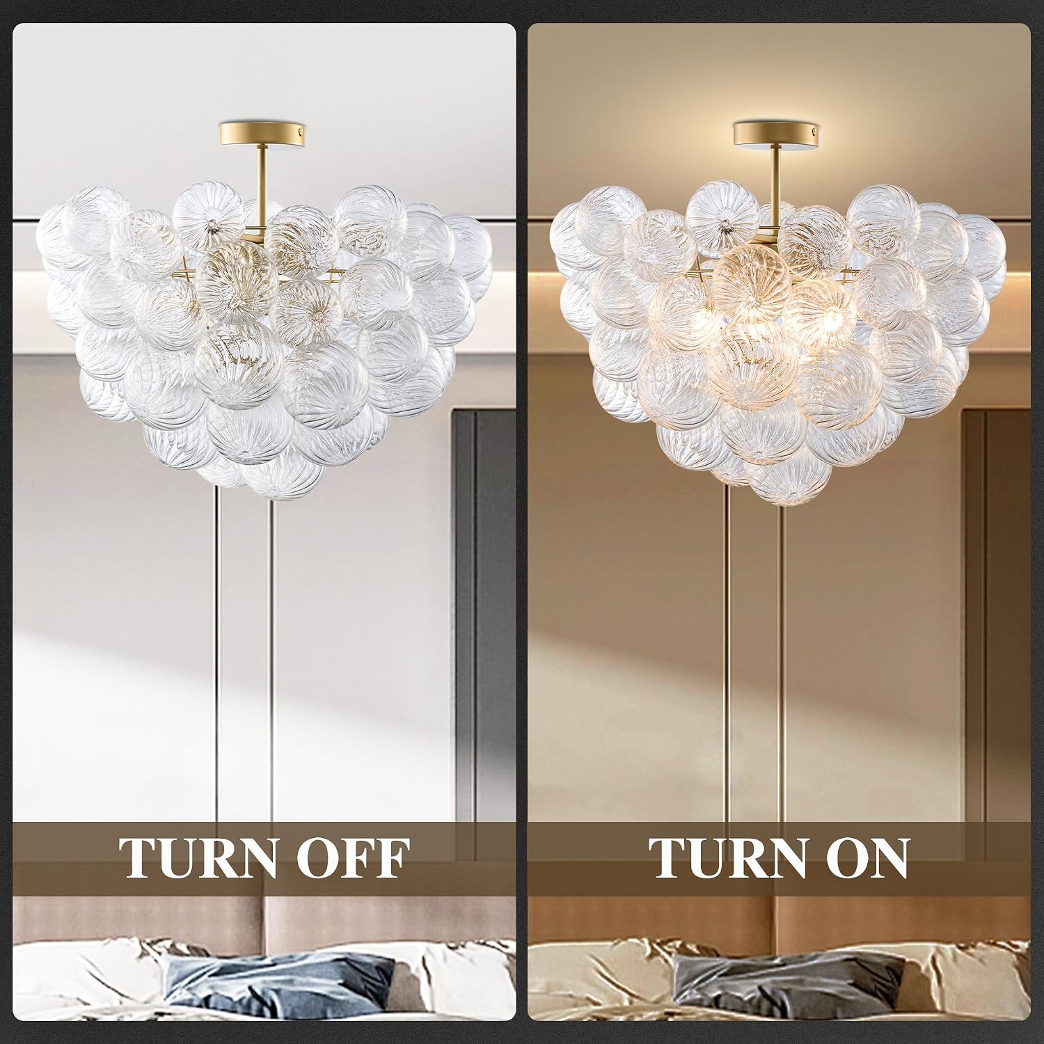 Longree Bubble Ball Semi Flush Ceiling Light Fixtures, Dia 20 inch Gold and Clear Blown Glass Small Swirled Glass Chandelier for Bedroom Study Bathroom Dining Room
