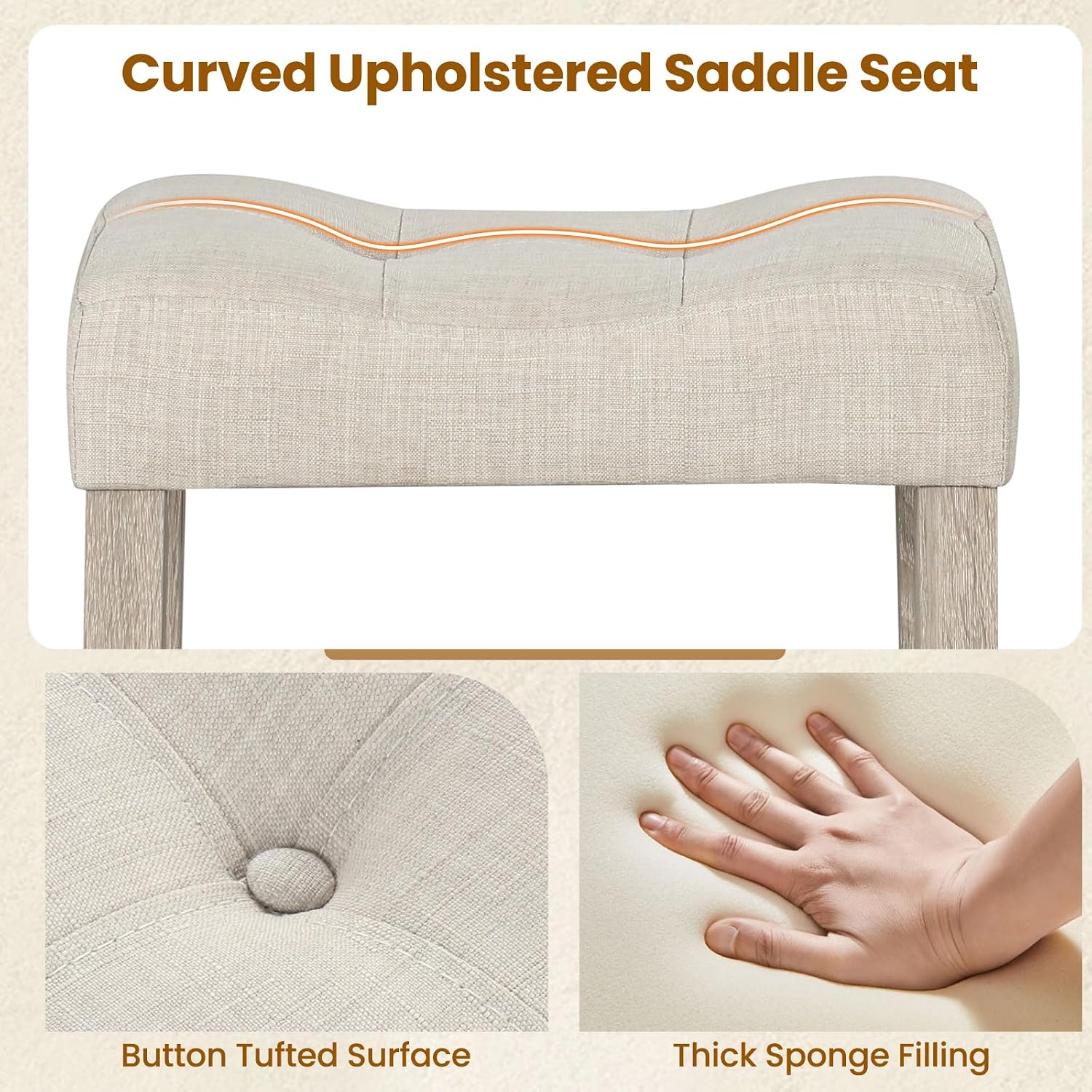 NAFORT Counter Height Saddle Stool Set of 4, Wooden Upholstered Stools Set with Rubber Wood Legs, High-Density Sponge Cushion, Non-Slip Pads, Backless Saddle Chair for Living Room, Kitchen, Pub, Beige