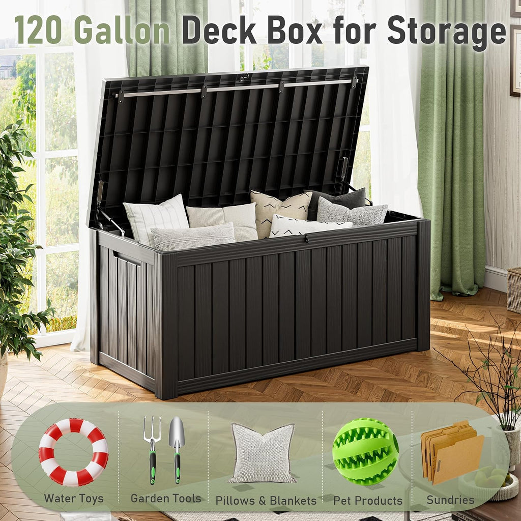 NUNU LAB 120 Gallon Outdoor Storage Box, Large Resin Deck Box with Lockable Lid, Waterproof Patio Storage Bench, Outdoor Cabinet for Garden Tools, Cushions & Pool Accessories