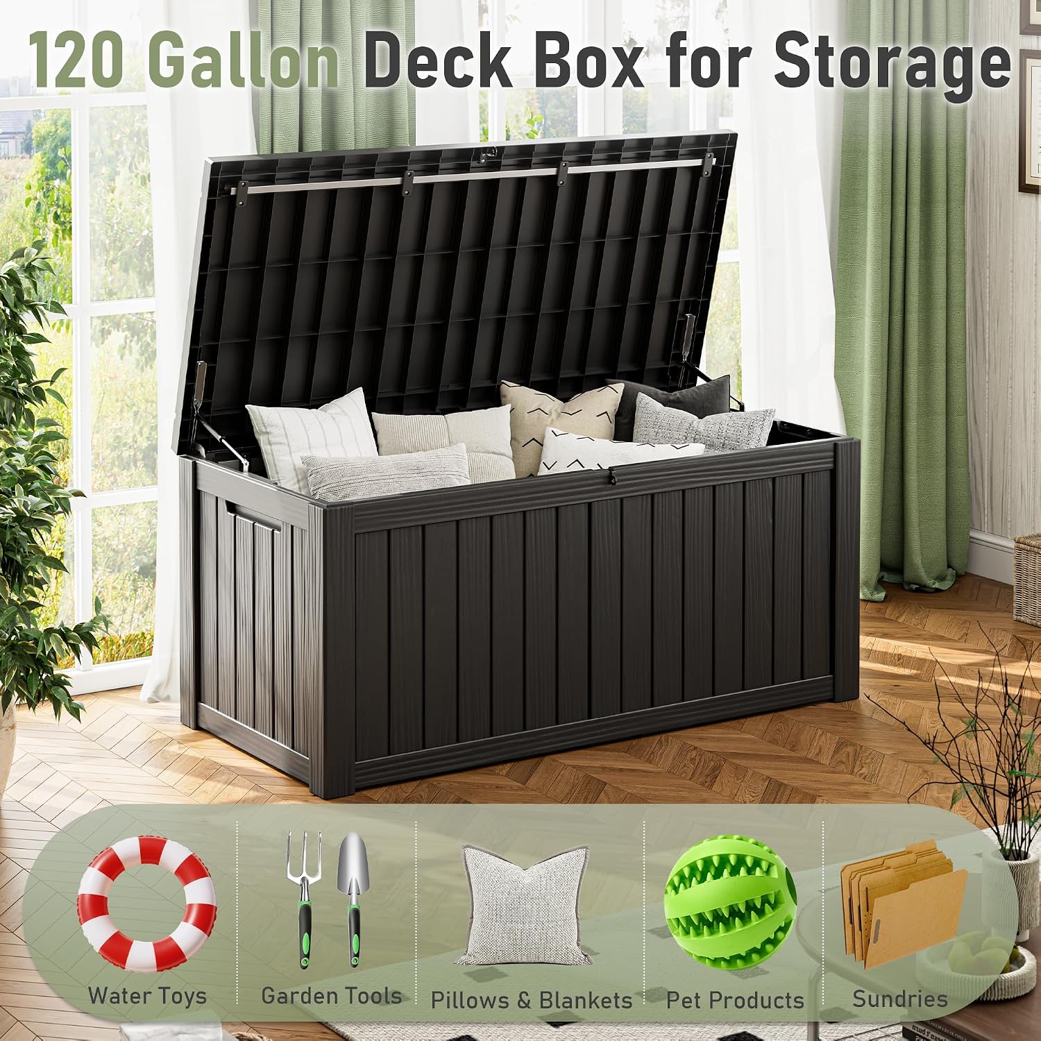 NUNU LAB 120 Gallon Outdoor Storage Box, Large Resin Deck Box with Lockable Lid, Waterproof Patio Storage Bench, Outdoor Cabinet for Garden Tools, Cushions & Pool Accessories