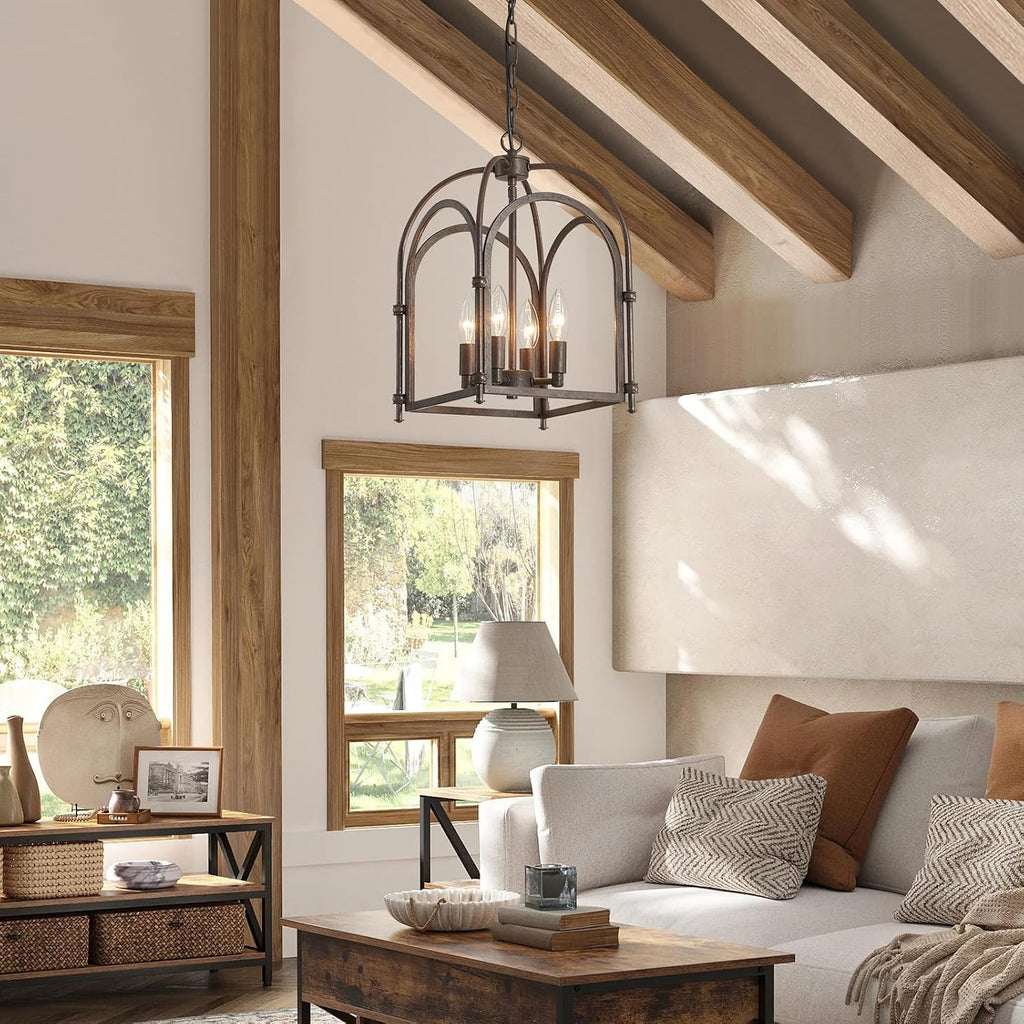 4-Light Chandeliers, Farmhouse Chandelier for Dining Room Light Fixtures, Lantern Metal Kitchen Pendant Light Fixtures, Rustic Cage Chandelier for Bedroom Living Room Kitchen Island Hallway