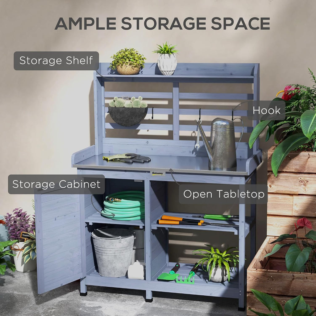 Outsunny Outdoor Wooden Potting Bench Table, Garden Workstation with Storage Cabinet, Storage Shelves for Backyard, Patio, Balcony, Gray