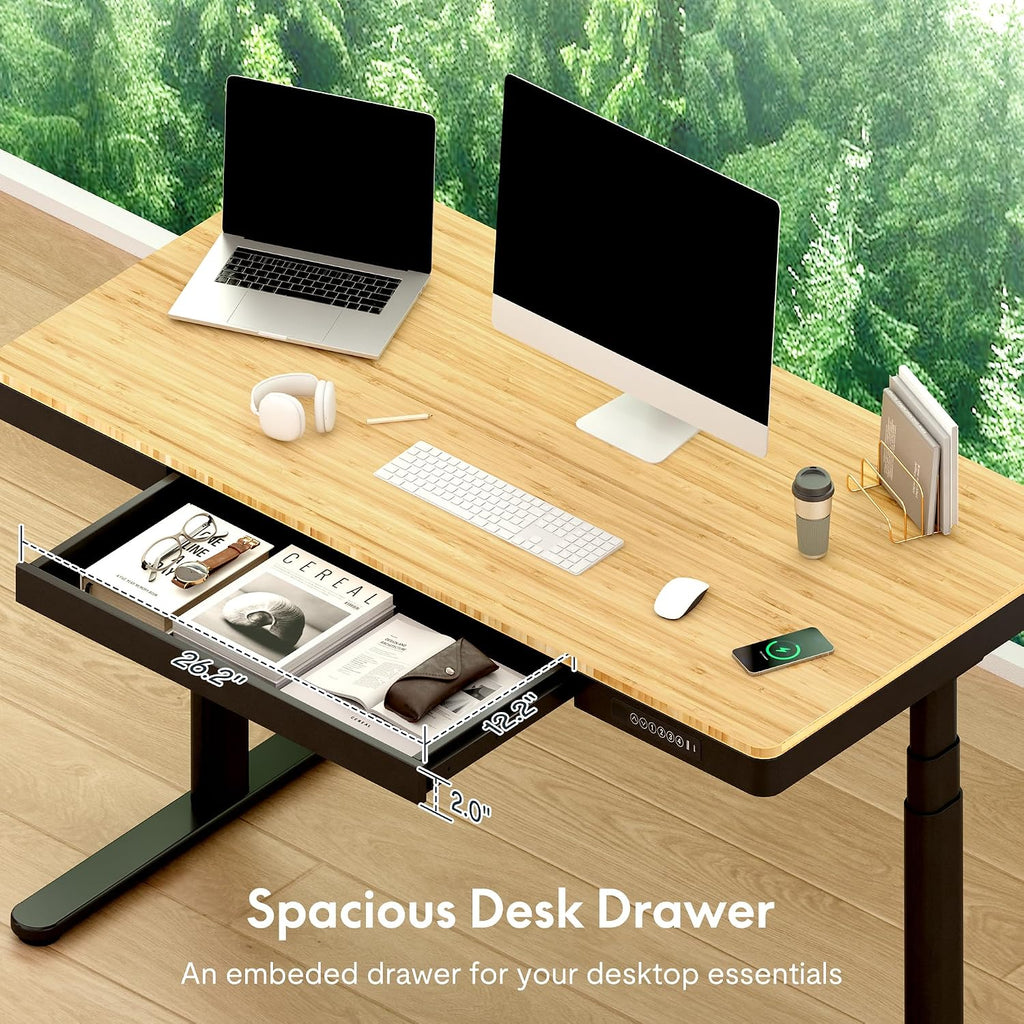 FLEXISPOT Q8 55' Bamboo Standing Desk, Dual Motor 3 Stages Adjustable Height Electric Computer Workstation w/Wireless Charging, Drawer, Quick Install, 220lbs Capacity (Bamboo Tabletop + Black Frame)