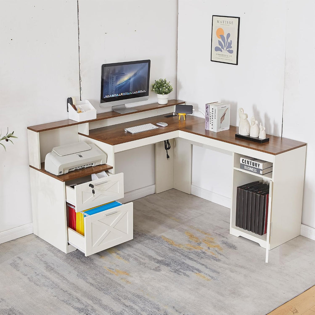 60' L Shaped Executive Desk with Printer Space,Corner Computer Desk with Power Outlets,Lockable Drawers & Adjustable File Cabnet,L Shaped Office Desk with Monitor Stand
