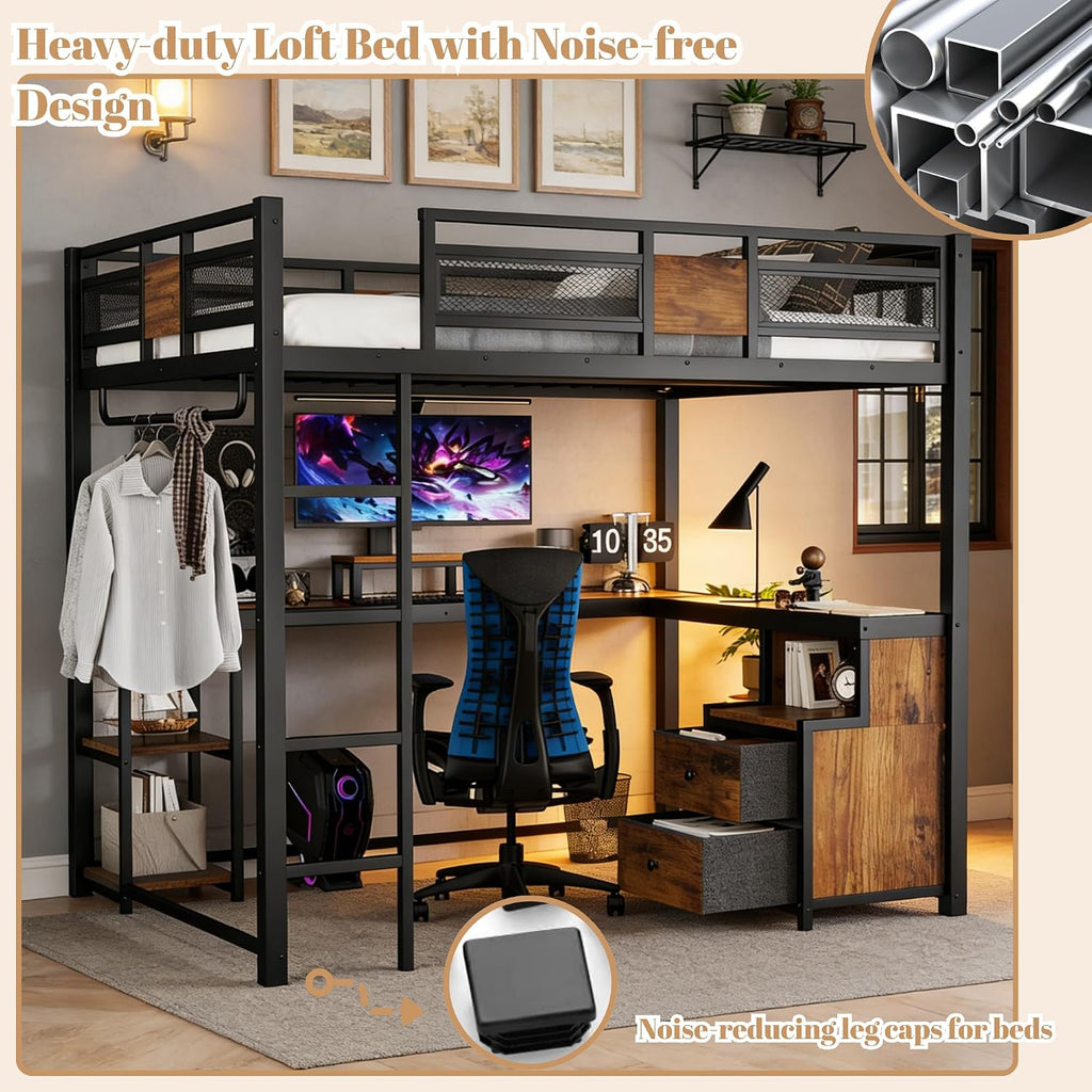 Bellemave Queen Loft Bed with Storage Drawers and L-Shaped Desk, Metal Loft Bed Frame with Computer Monitor Stand, Hang Rod, and Multi-Function Shelves, Loftbed with Noise-Free Design, Black