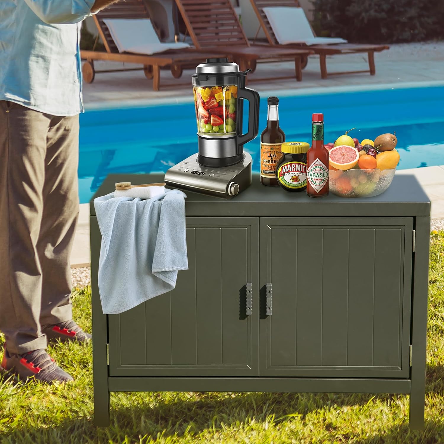 Domi Outdoor Kitchen Island with Storage, Aluminum Kitchen Storage Island Outdoor Grill Table, Freestanding Outdoor Prep Table Grill Storage Cabinet with Protective Cover for BBQ, Deck, Patio
