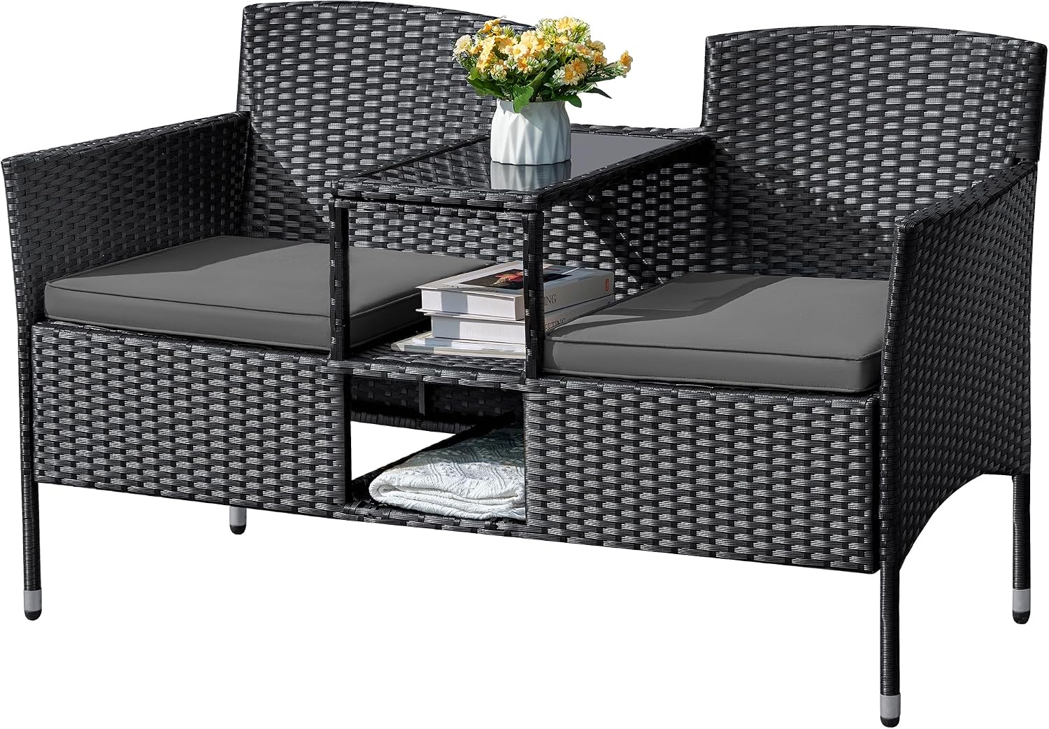 Flamaker Outdoor Furniture Patio Loveseat Wicker 2-Seat with Built-in Table and Cushions Rattan Porch Chairs Bench for Balcony, Lawn, Backyard (Grey)