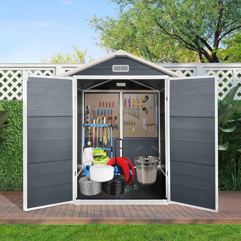 YOPTO 6x6 FT Storage Shed,Plastic Outdoor Storage Shed with Floor and Lockable Door,Waterproof Garden Shed W/Windows & Vents,Sloped Roof,Tool House for Storing Bicycles,Lawnmowers,Cold Grey