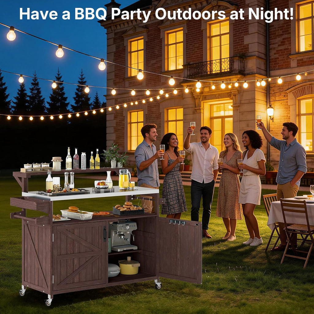 Zevemomo Outdoor Grill Cart with Raised Shelf, Stainless Steel Tabletop Outdoor Kitchen Island, Outdoor Buffet Cabinet with Lockable Wheels, Internal Storage Rack, Spice Rack for Grilling, Brown