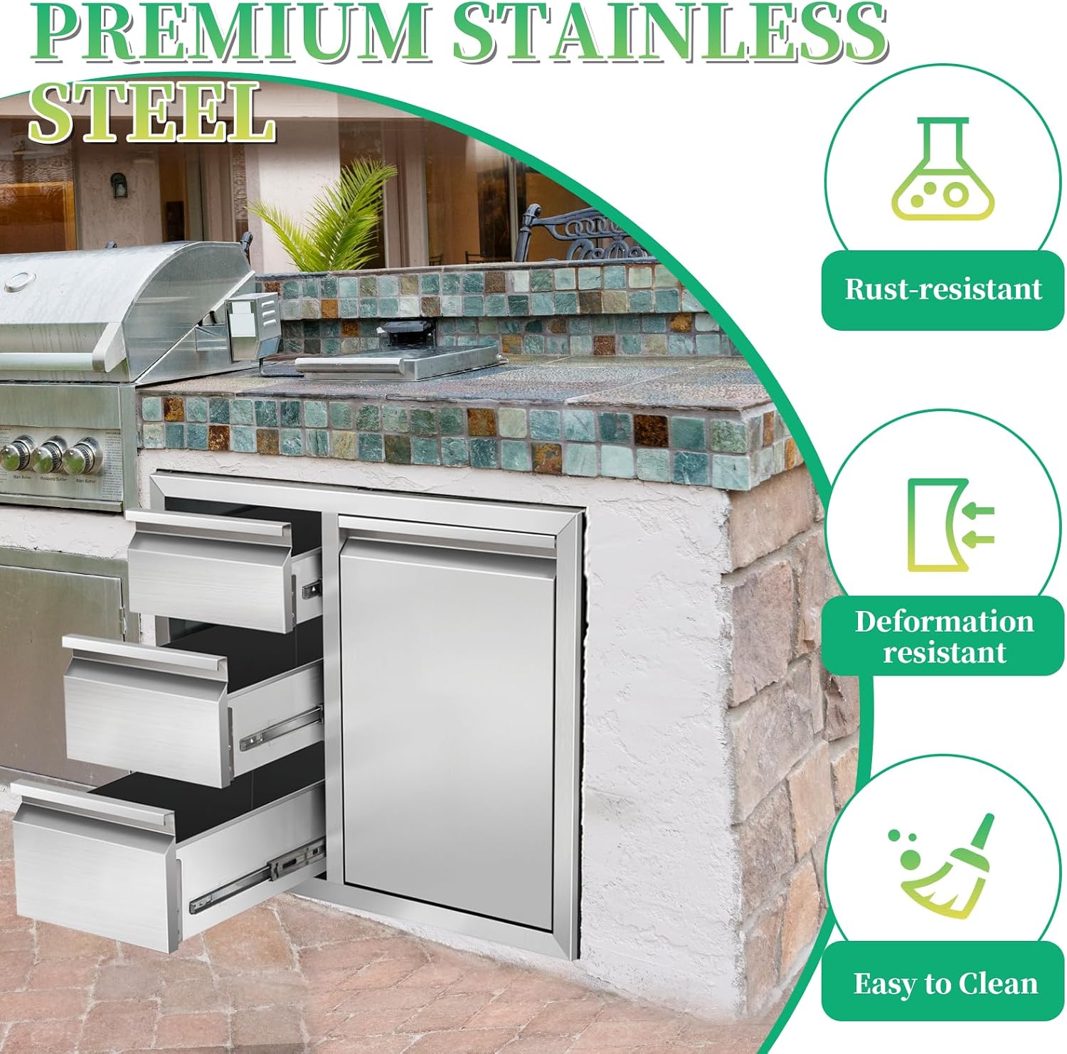 Outdoor Kitchen Drawer Combo Stainless Steel Outdoor Triple Drawers with Trash Bin Compartment & Dual Trash Cans, 28' W x 22' H x 19.5' D Outdoor Kichen Cabinet for Grill Station