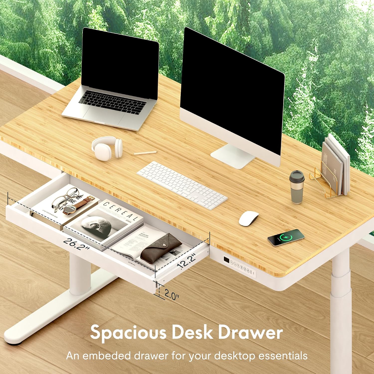 FLEXISPOT Q8 55' Bamboo Standing Desk, Dual Motor 3 Stages Adjustable Height Electric Computer Workstation w/Wireless Charging, Drawer, Quick Install, 220lbs Capacity (Bamboo Tabletop + White Frame)