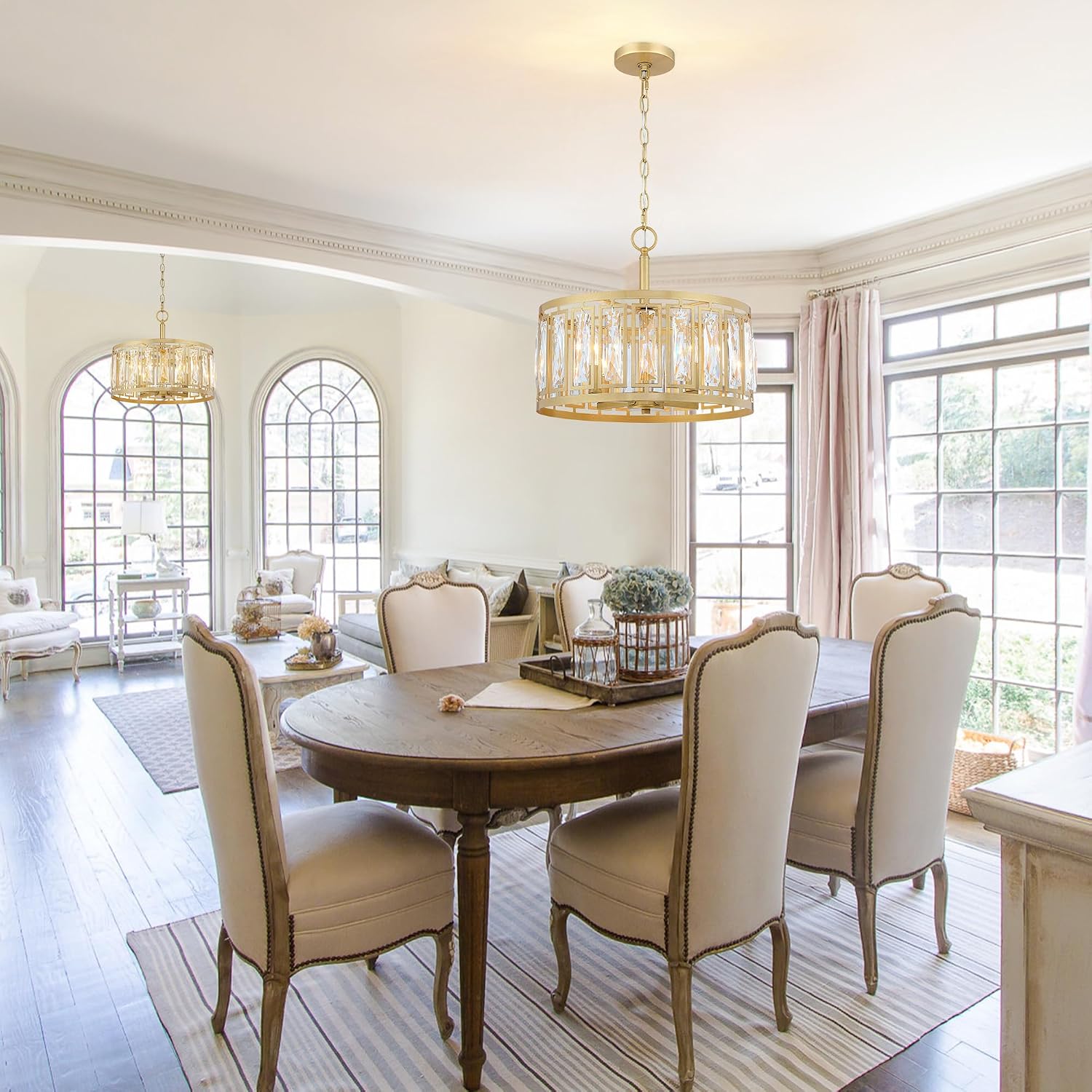 Gold Crystal Chandelier, 4-Light Semi Flush Mount Chandelier Crystal Entry Way Light Fixture Gold Dining Room Light Fixtures Adjustable Height Hanging Pendant Light for Bedroom Living Room