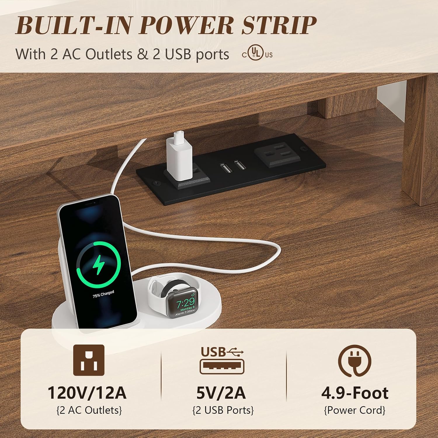 YOMILUVE Farmhouse Executive Desk with Drawers, 47' Computer Desk with Power Outlets, Home Office Desk with Monitor Stand & 4 Drawers, Small Desk Writing Study Table, Brown