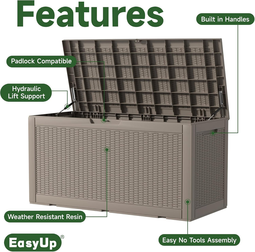 EasyUp 120 Gallon Outdoor Storage Box Waterproof, UV Resistant Resin Deck Box with Hydraulic Rod, Reinforced Stability for Patio, Garden, Rattan Gray