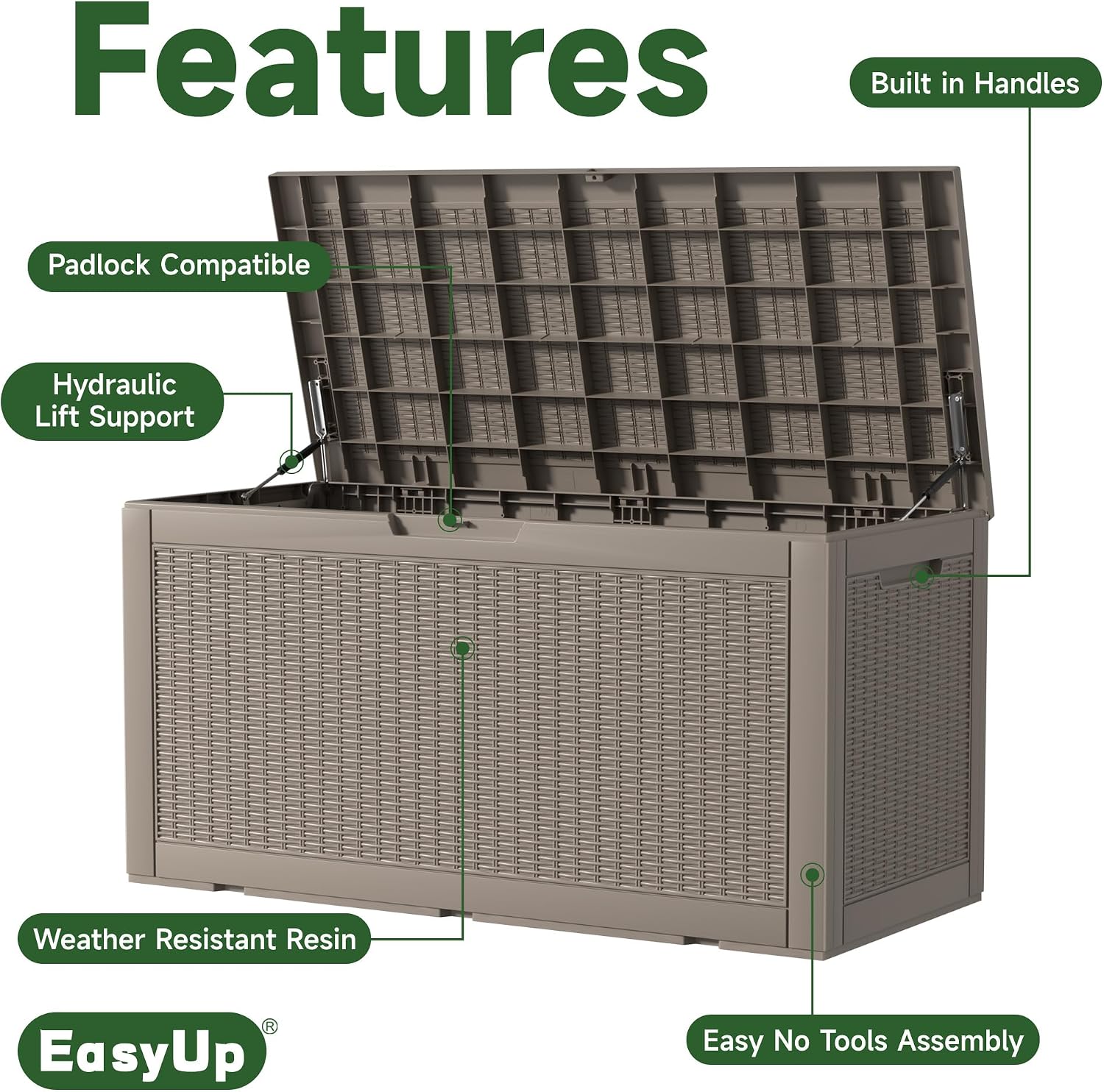EasyUp 120 Gallon Outdoor Storage Box Waterproof, UV Resistant Resin Deck Box with Hydraulic Rod, Reinforced Stability for Patio, Garden, Rattan Gray