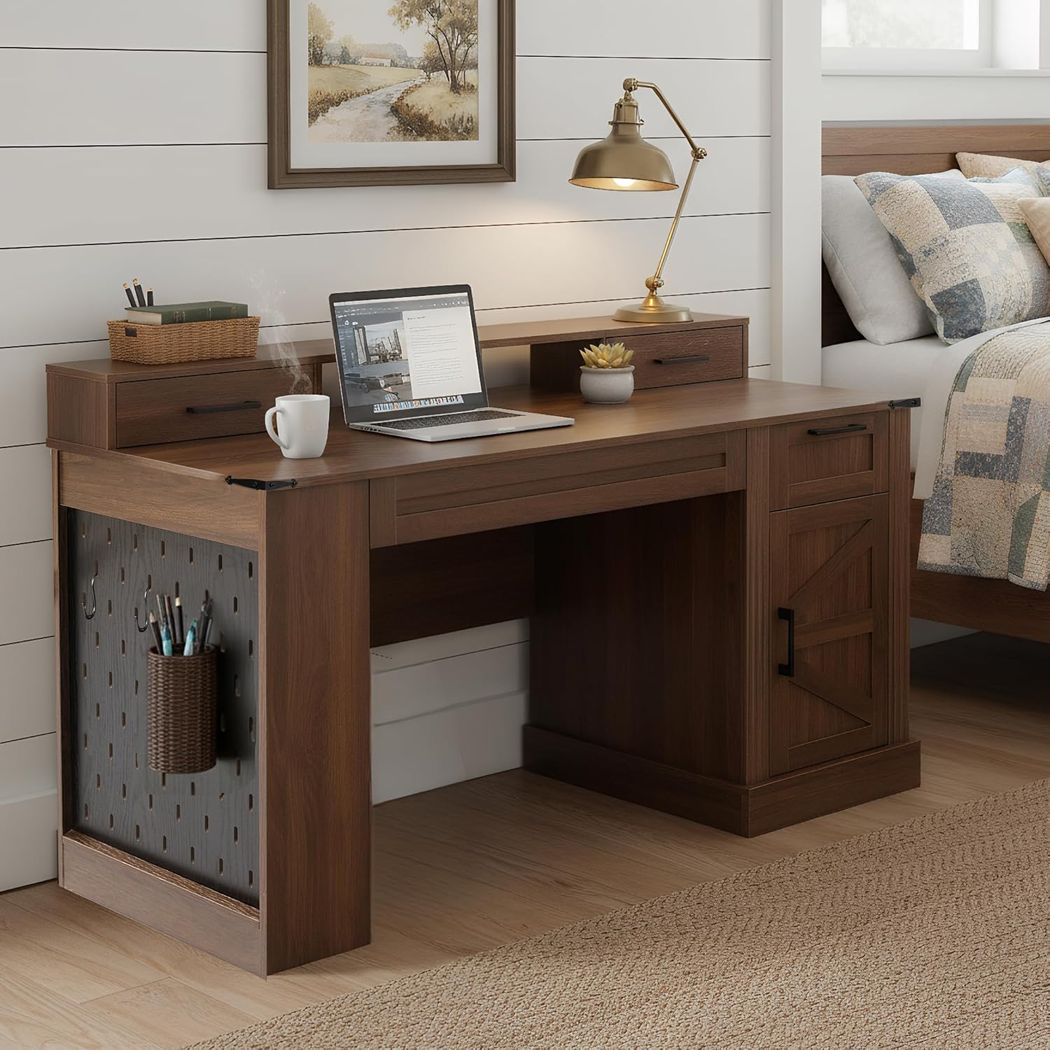 RiteSune 55' Farmhouse Computer Desk with Power Outlets, Removable Monitor Stand with Drawers, Keyboard Tray & Storage Cabinet, Home Office Writing Desk with Pegboard Organizer